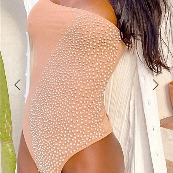 Jett Nude one piece swimsuit with pearl details